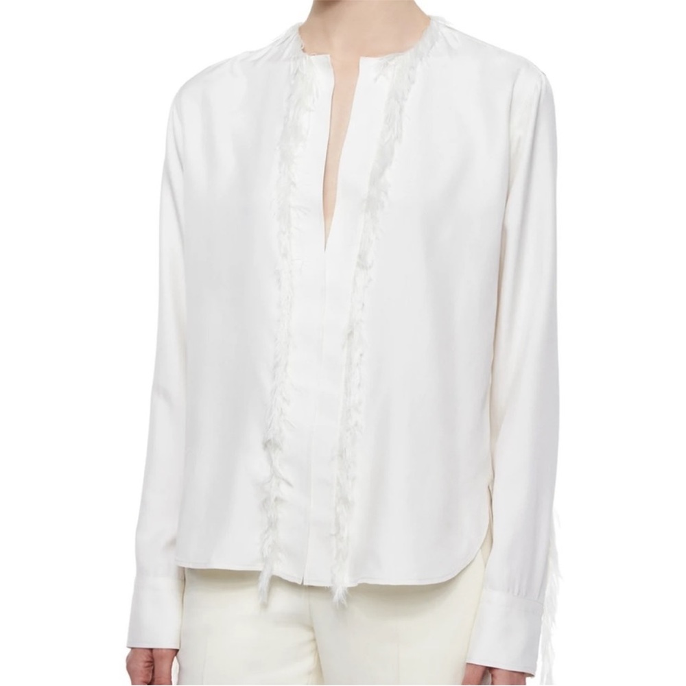 Helmut Lang Feather Fringe Twill Ecru Silk Blouse with feather trim size small